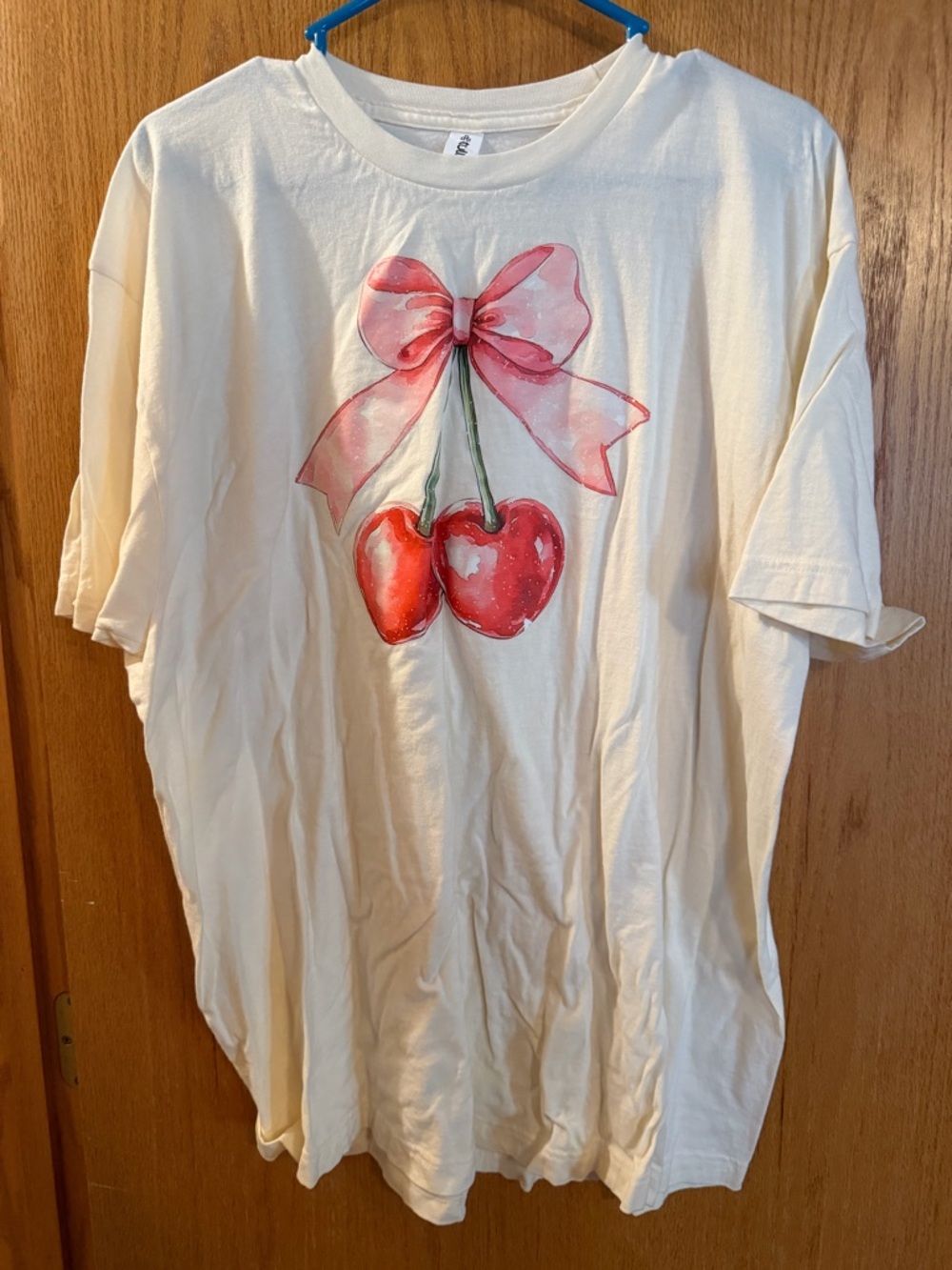 Tultex Cream Tee with Pink Bow and Red Cherry Design